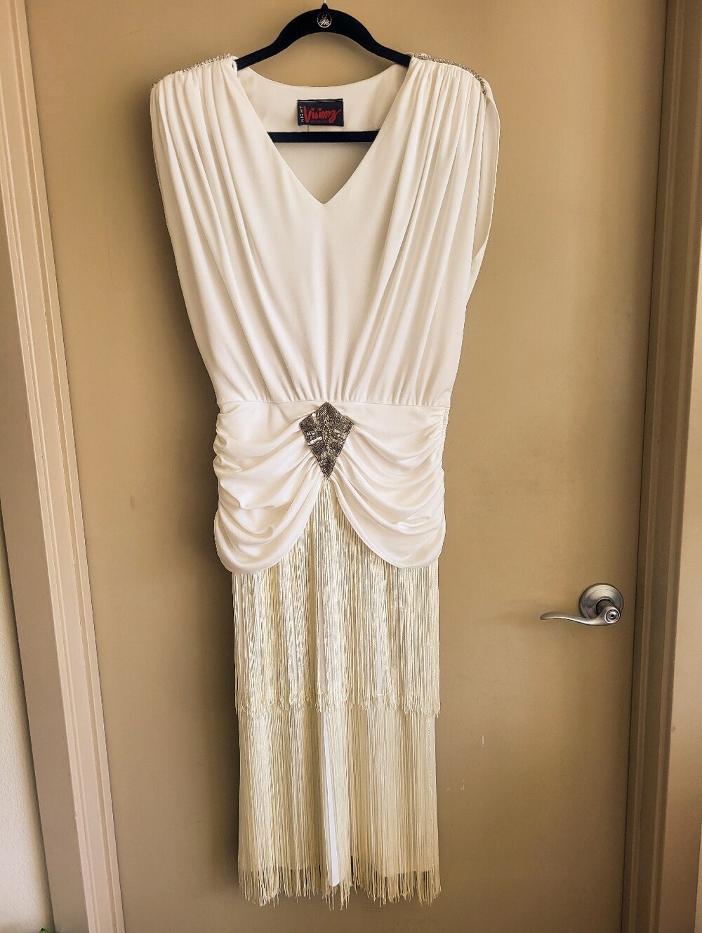 Vintage Night Visions California Ivory Fringe Cocktail Dress | Rhinestone Beaded - Picture 3 of 10